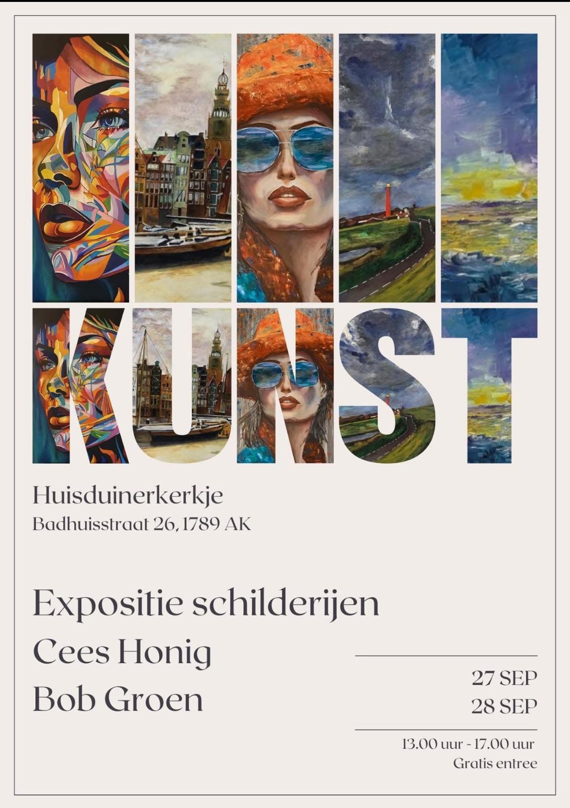 Expositieposter - schilderijen van Cees Honig en Bob Groen in het Huisduinerkerkje